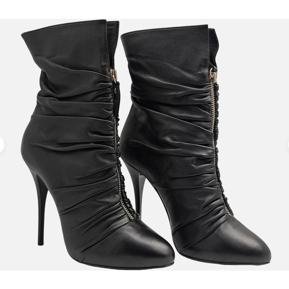 GUISEPPE ZANOTTI Zip Up Stiletto Ankle Boots Slouchy Ruched Leather 37.5 (6.5-7)